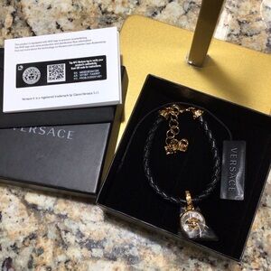 New Versace Black Leather Braided Bracelet with Gold Palladium Medusa